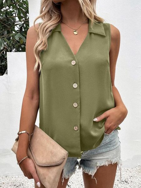 Camicette da donna Camicie casual senza maniche solide estive Donna 2023 Moda scollo a V monopetto Canotte larghe Streetwear Cardigan Semplice