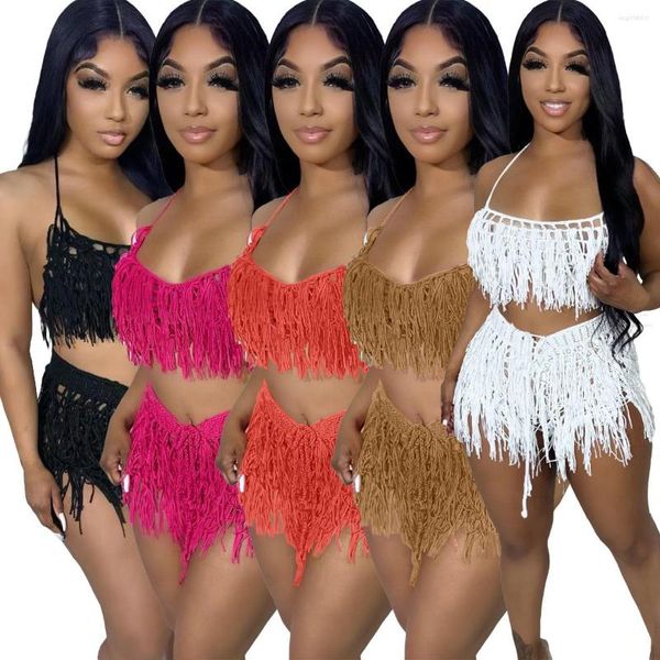 Tute da donna Summer Pantaloncini lavorati a maglia all'uncinetto Set Sexy Halter Backless Crop Top e Mini Women 2 Piece Nappa Abbigliamento da spiaggia Abiti casual