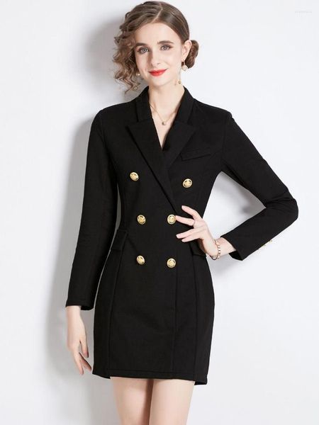 Abiti casual Abito blazer nero Abito da donna autunno inverno spesso in cotone romano con intaglio Manica lunga Abiti corti doppio petto dorati