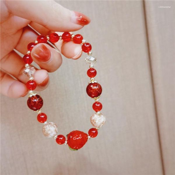 Strand coreano vermelho morango cristal pulseira pulseira para mulheres meninas frisada elasticidade corda encantos pulseiras 2023 joias presentes