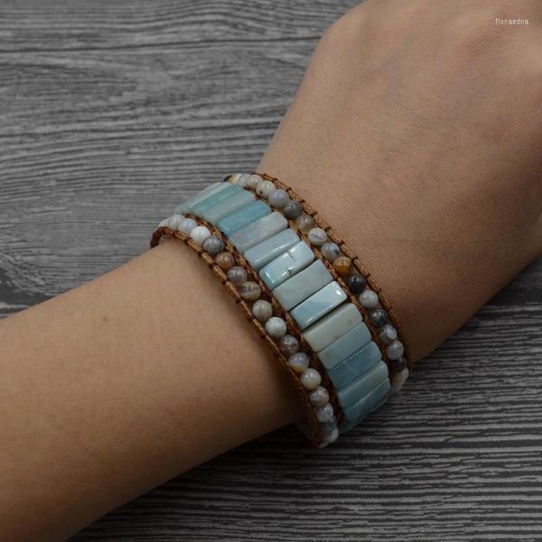 Charm Bracelets Handmade Natural Stone Leather Warp Bracelet Bracelet Bangle For Women Men Matte Amazonite Strand Cuff Joias Presente