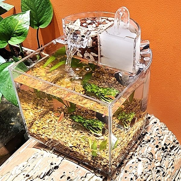 Dekorationen Mini-Aquarium, Desktop-Fischschüsseln für kleine, klare Aquarien, Wasserfall-Auslass mit 2,5 W leisem Pumpenfilter 230628