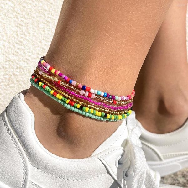 Fußkettchen Böhmisches buntes Reisperlen-Fußkettchen-Set für Frauen Sommer Sandstrand Kette am Bein-Knöchel-Armband Weiblicher Modeschmuck