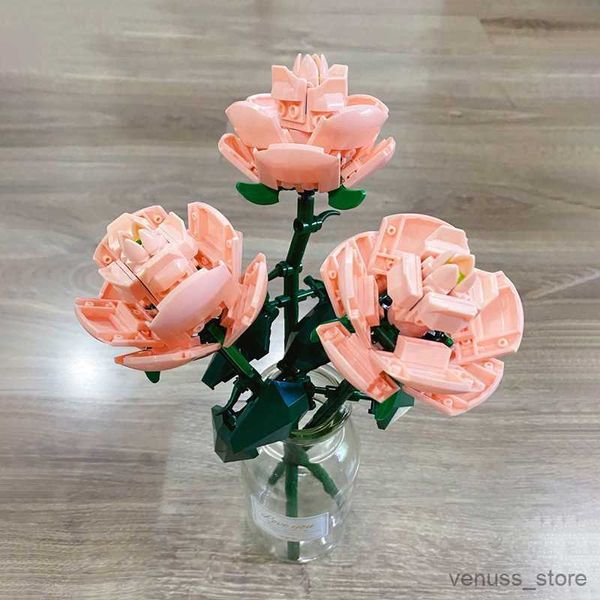 Blöcke Mädchen Geschenk Bausteine Blumen Rosa Rosen Blumentopf Modell Ornamente Kinder Lernspielzeug Urlaub Geschenke R230629