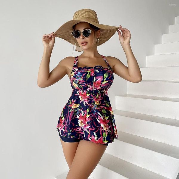 Damen-Bademode, Schößchen-Tankini-Badeanzug mit Shorts, Damen-Badeanzug mit Blumenmuster, gerüscht, Kordelzug, zweiteilig, 2023