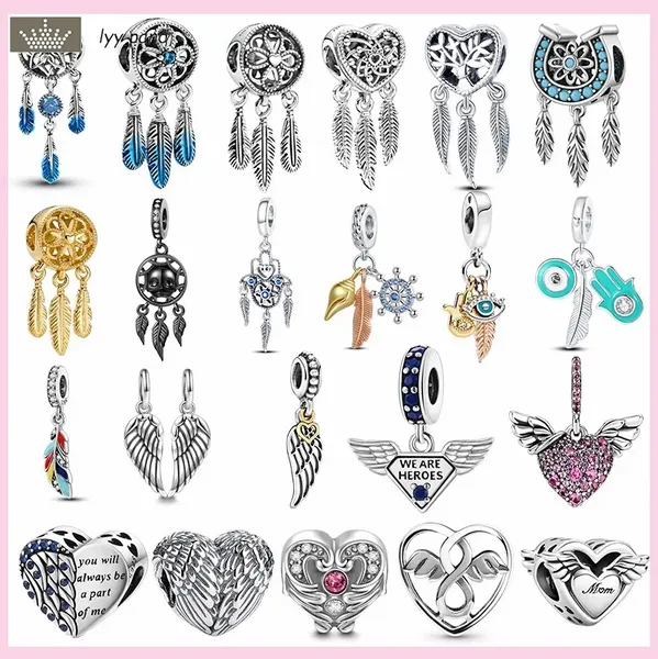 Para pandora pingentes joias 925 pingentes de contas acessórios Feather Wing Heart Dream Catcher conjunto de pingentes pingente faça você mesmo