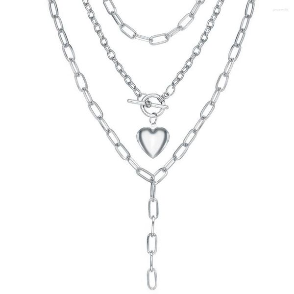 Collane con ciondolo Trendy Silver Color Love Heart Collana Donna Fashion Clavicola di personalità a catena spessa multistrato