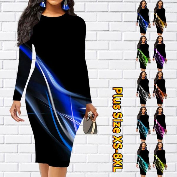 Vestidos Casuais 2023 Outono Inverno Feminino Sexy Abstrato Estampado na Altura do Joelho Saia Apertada Moda Decote Redondo Midi Manga Longa