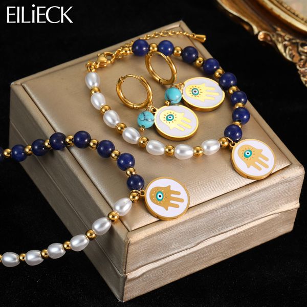 Hochzeit Schmuck Sets EILIECK 316L Edelstahl Blau Weiß Perle Runde Handabdruck Charme Halskette Armband Ohrringe Für Frauen Vintage Set geschenk 230627