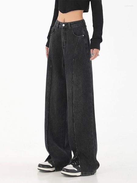 Frauen Jeans Retro Schwarz Farbe Schlitz Frauen Jean Hosen 2023 Herbst Winter Vintage Harajuku Denim Hosen Damen Amerikanischen Stil Streetwear