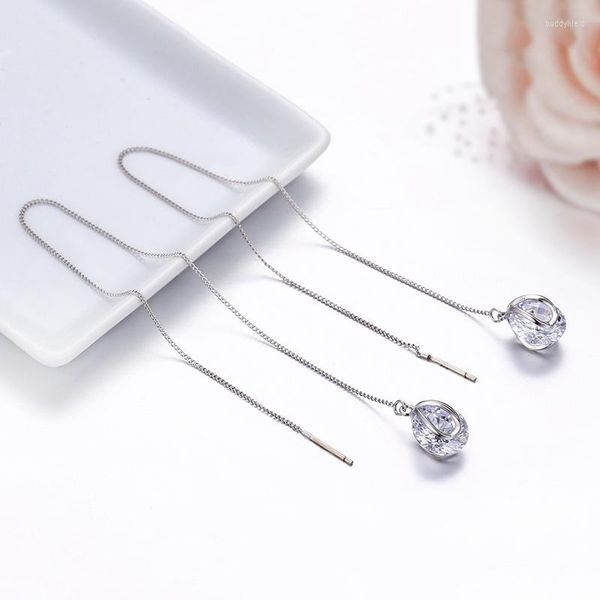 Brincos pendentes redondos CZ zircão link latão branco ouro cor gota através da corrente longa para mulheres meninas jóias Aretes Orecchini