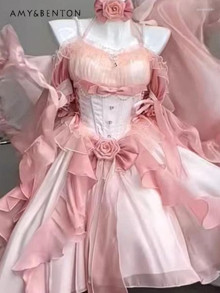 Vestidos casuais doces fofos flor rosa vestido de festa de casamento para mulheres lolita indústria pesada trilhando guarda-chuva princesa 2023 vestidos de verão