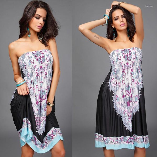 Vestidos Casuais Estilo Vintage Estampado Vestido Moda 2023 Vestido de Verão Envolto No Peito Sem Alças Slim Fit Tipo Boho Legal Solto Jurk