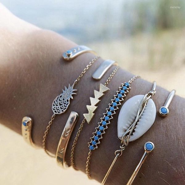 Bedelarmbanden Boho Shell Blue Bead Chains Armband Set Multilayer Ananas Driehoek Open Bangle Voor Vrouwen Meisjes Manchet Strand Sieraden
