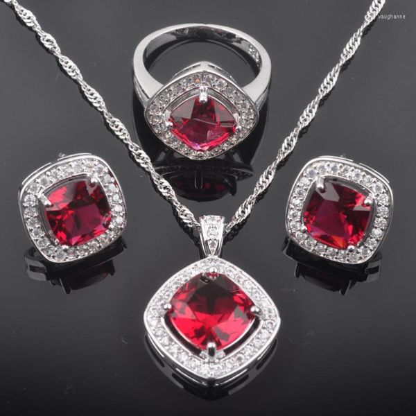 Collier boucles d'oreilles ensemble zircon rouge carré bijoux de mariage femmes couleur argent boucles d'oreilles/pendentif/collier/bagues boîte-cadeau gratuite QZ0129