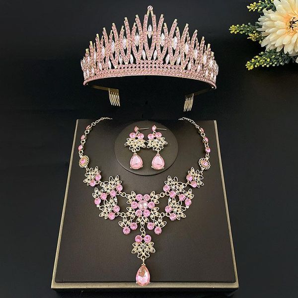 Colar Brincos Conjunto Rosa Barroco Casamento Vintage Coroa Tiaras Flor de Cristal Nupcial Miçangas Africanas Jóias Coroas