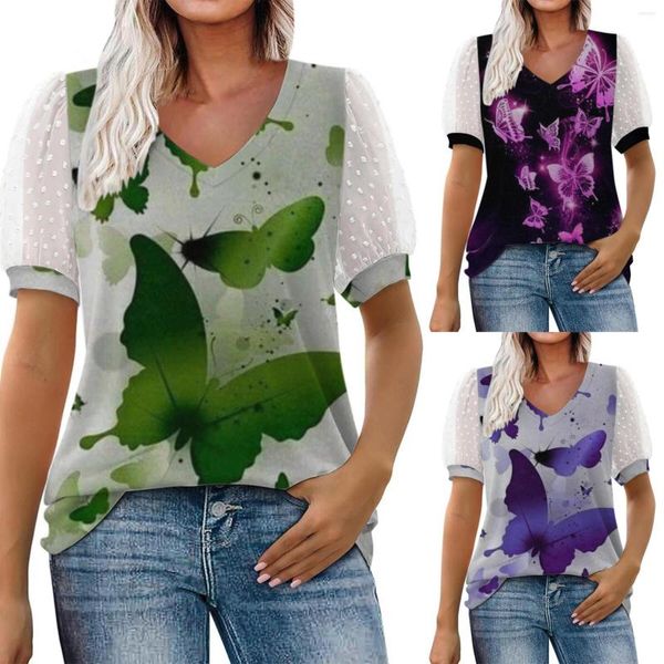 T-shirt da donna con stampa floreale, soffici, corti, estivi, per donna, casual, alta, manica lunga, alla moda