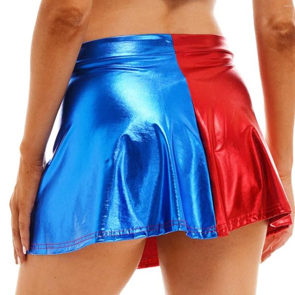 Gonne Donna Metallico Lucido Color Block Cheerleading Dance Performance Mini Fashion Ruffled Flared Minigonna Clubwear