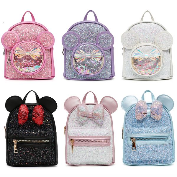 Zaini Fashion Pu Paillettes Bow Zaino Bambini Kindergarten Cute Cartoon Small Class Anime School Bag Regalo per ragazze 230628