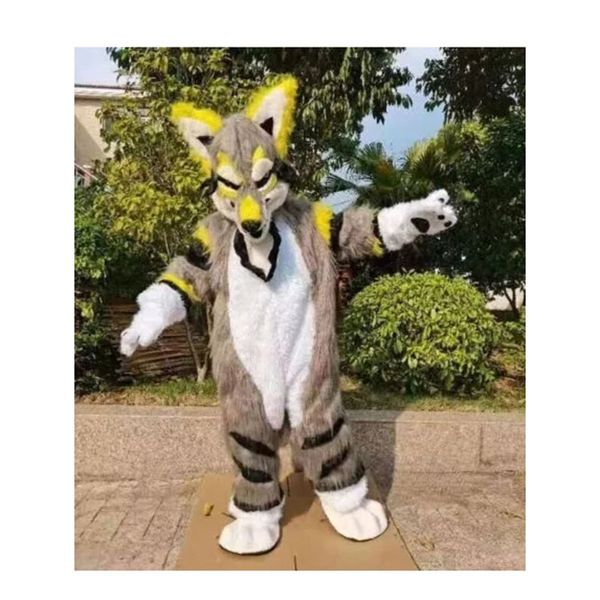 Wolf Fox Husky Long Fur Mascot Costume Top Cartoon Anime personagem tema Carnaval Unissex Adultos Tamanho Festa de Aniversário de Natal Outfit Outfit Terno