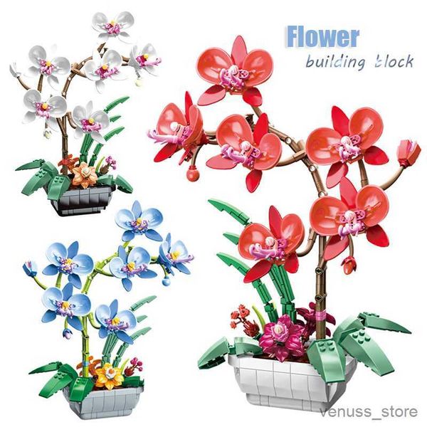 Blöcke Mini Topfblume Bausteine Kreative Phalaenopsis Grüne Pflanze Bonsai Dekoration Kinder Lernspielzeug Geschenk R230629