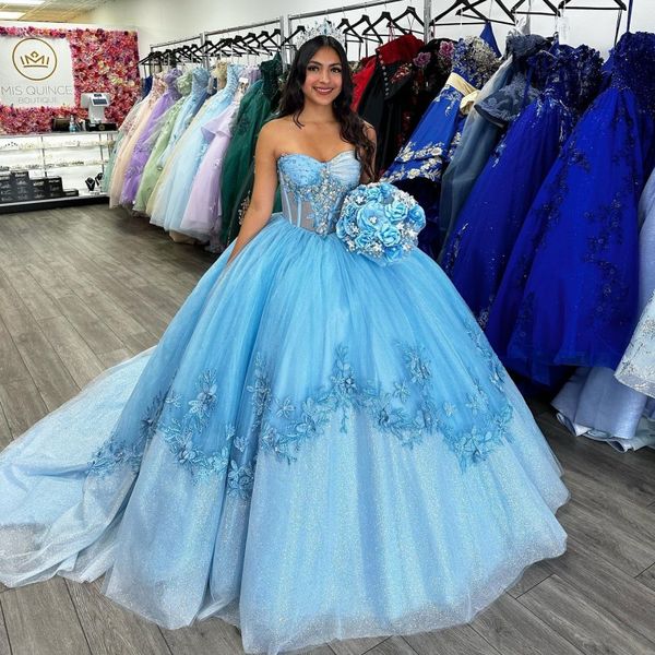 Sky Blue Shiny Prinzessin Quinceanera Kleider Ballkleid 2024 Applikationen Kristall Süße 16 Kleid Vestidos De 15 Jahre Prom