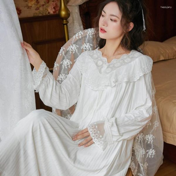 Pijama Feminino Vestido de Noite de Algodão Vitoriano Feminino Outono Branco Renda Babados Robe Longo Peignoir Vestido Princesa Vintage Camisolas