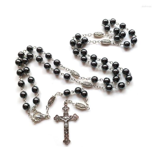 Colares com pingente QIGO Colar de pedra negra rosário com cruz joias católicas longas