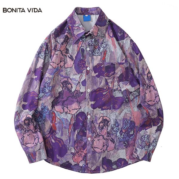 Camisas sociais masculinas superdimensionadas com estampa de flores frescas blusas de manga comprida hip hop moda de verão blusa casal harajuku streetwear 230629