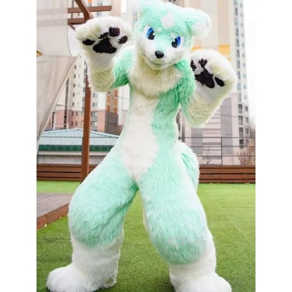 Traje Mascote Husky Verde Branco Preto Garra Animal Canino Fursuit Fox Hound Roupas de Cabelos Compridos