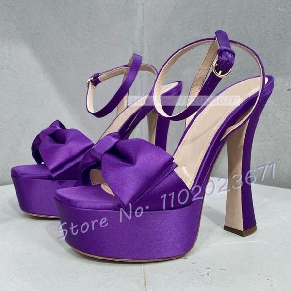 Sandálias Laço Plataforma Satin Feminino Salto Bloco Alto Roxo Elegante Sapatos de Verão Vestido de Festa Feminino