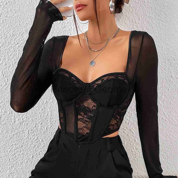 Vestidos de festa Europen Estilo americano Tshirt Spicy Girl Black T Shirts Diamond Fishbond Tee Mesh Backless Crop Top Roupas Femininas Dropshipping x0629