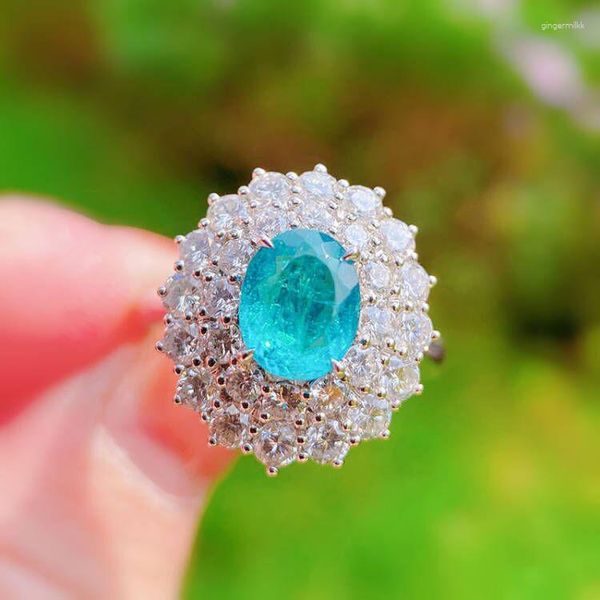 Anelli a grappolo Lussuoso Paraiba Zaffiro Fiore Ovale Coppia di diamanti Anello per le donne Geometric Zirconia Argento placcato Gioielli regalo di anniversario