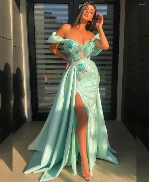 Vestidos de festa verde menta com divisão alta sereia lantejoulas renda baile de formatura com sobressaia vestido de noite formal ocasião especial 2023