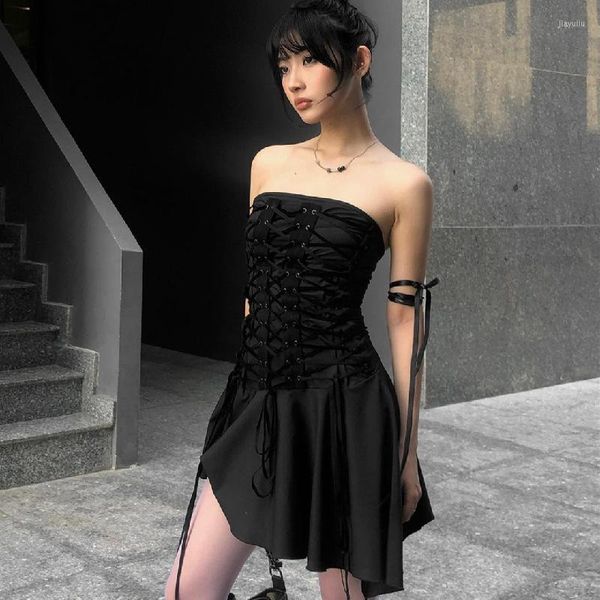 Abiti casual Goth Dark Bandage Cyber Y2k Sexy senza spalline Mall Gothic Skew Hem Party Mini Dress Donna Grunge Style Backless Streetwear