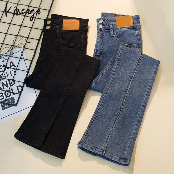 Abiti Casual Bottoni Skinny Elasticizzati a vita alta Pantaloni dritti con spacco Donna Haruku Stripe Patchwork Pantaloni basic in denim nero anni '90