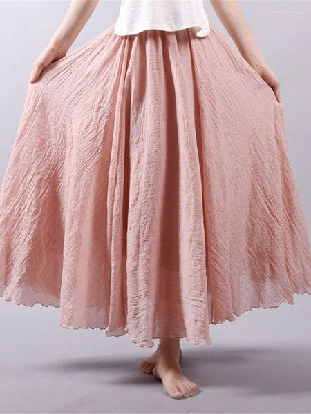 Röcke 2023 Frühling Sommer Frauen Rock Leinen Baumwolle Vintage Lange Elastische Taille Boho Beige Rosa Maxi Faldas Saia ZY7422