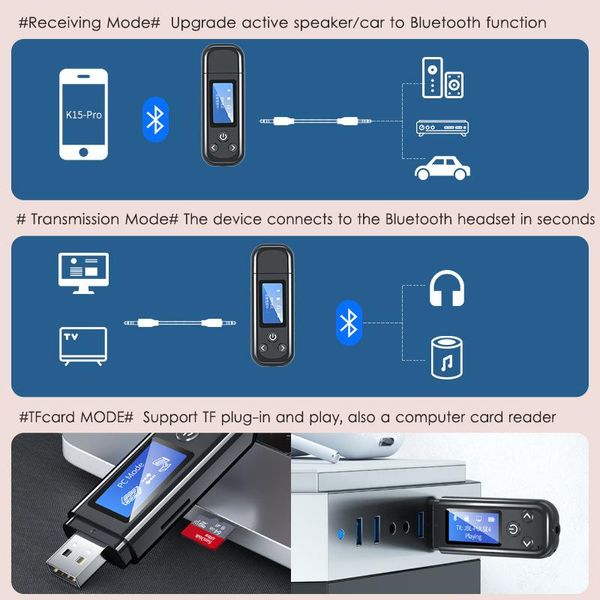 Anschlüsse USB-Bluetooth-Empfänger-Sender-Adapter-Rezeptor Bluetooth 5.0-Audio-Adapter für Auto-PC-TV-Wireless-Adapter LCD 3,5-mm-Aux