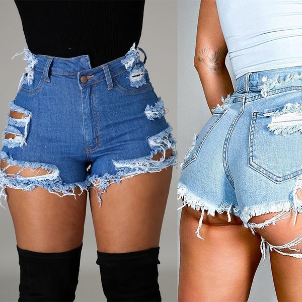 Vestidos 2021 Moda Mulheres Hot Sexy Denim Jeans Lavado Strench Hole Shorts Menina Casual Push Up Skinny Calças Curtas para Festa de Boate