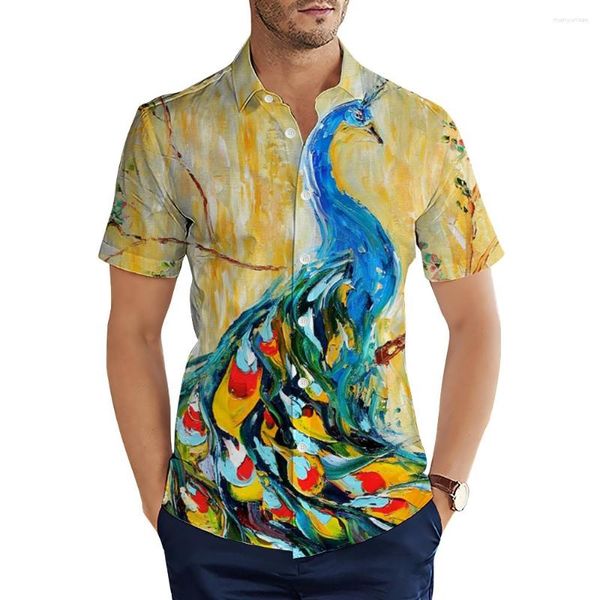 Camicie casual da uomo HX Moda Uomo Animale Pavone Pittura a olio Arte Grafica 3D Estate Manica corta Top Camisas Drop