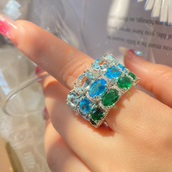 Cluster Rings 2023 Light Luxury Bright Micro-incrusted High Carbon Diamond Colorful Gems Ins Europe And The United States Retro Per