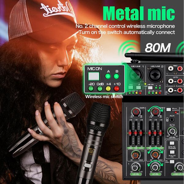 Микшер Dgnog Audio Mixer R4pro, 4-канальный беспроводной микрофон, USB Bluetooth Rec, Dj-консоль для дома, караоке, сценическая студия звукозаписи