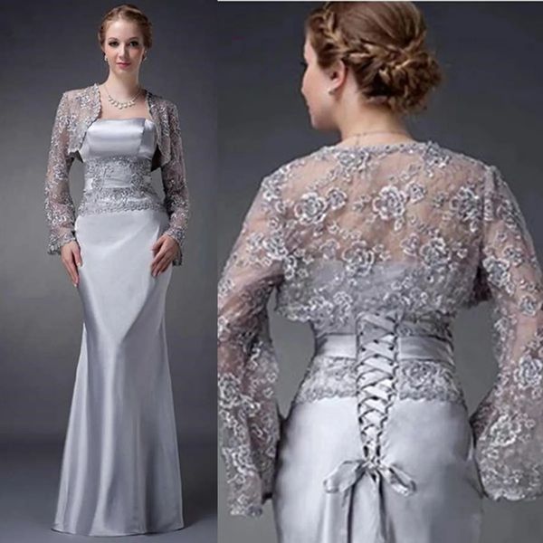 Elegante silberne Meerjungfrau-Kleider für die Brautmutter mit kurzer Spitzenjacke, Übergröße, lange Ärmel, formelle Abendkleider für Hochzeitsgäste