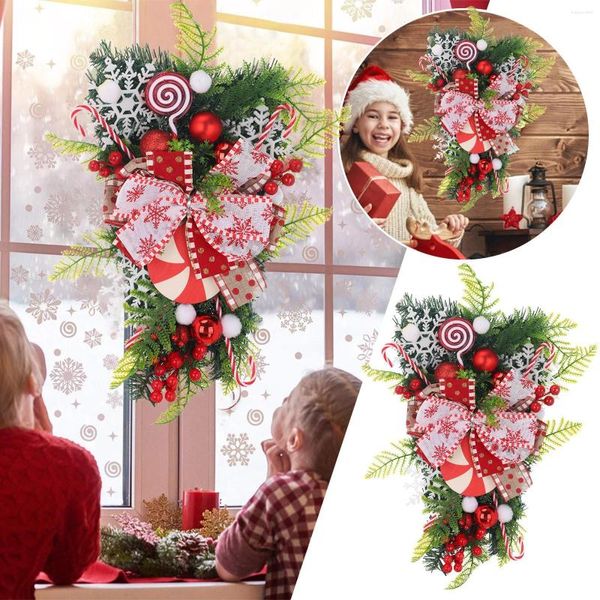 Coroa de flores decorativas para porta da frente de outono 2023 bastão de doces decoração de natal pinhas artificiais cones cabide vermelho para