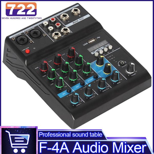 Mixer F4a 4-Kanal-Audiomixer Tragbarer Bluetooth-kompatibler USB-Soundmischpulteingang Phantomspeisungsmonitor-Schnittstellencomputer