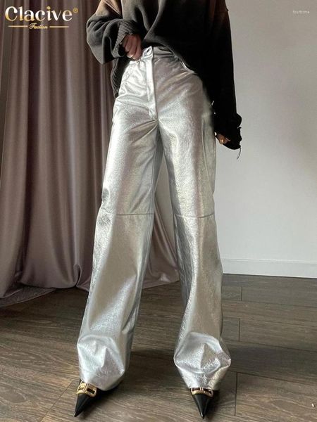 Pantaloni da donna Clacive Fashion Sliver Pu Leather Elegant Loose Vita alta Pantaloni dritti da donna casual da ufficio a figura intera