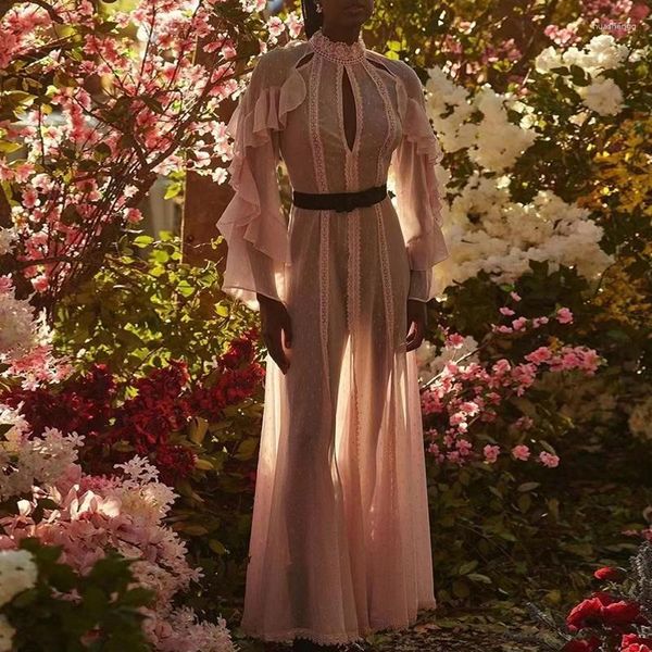 Günlük Elbiseler Kadın Tasarımcı Ruffles Kesme Yaz Elbise Maxi Uzun Kollu Standı Yaka Şeffaf Kuşaklı Fransız