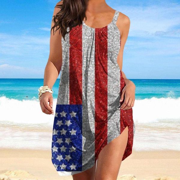 Abiti casual Donna Girocollo estivo Senza maniche larghe Giorno dell'indipendenza Stampa digitale 3D Gonna a fascia Abito da spiaggia Donna Elegante