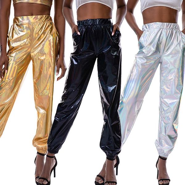 Calça Feminina Feminina Prata Brilhante Preto Metálico Laser Moda Hip Hop Jogger Calça de Moletom Haren Lazer Streetwear Calças