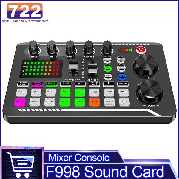 Mixer f998 placa de som microfone, placa de som, console de mixagem de áudio, amplificador de música ao vivo, equipamento de dj